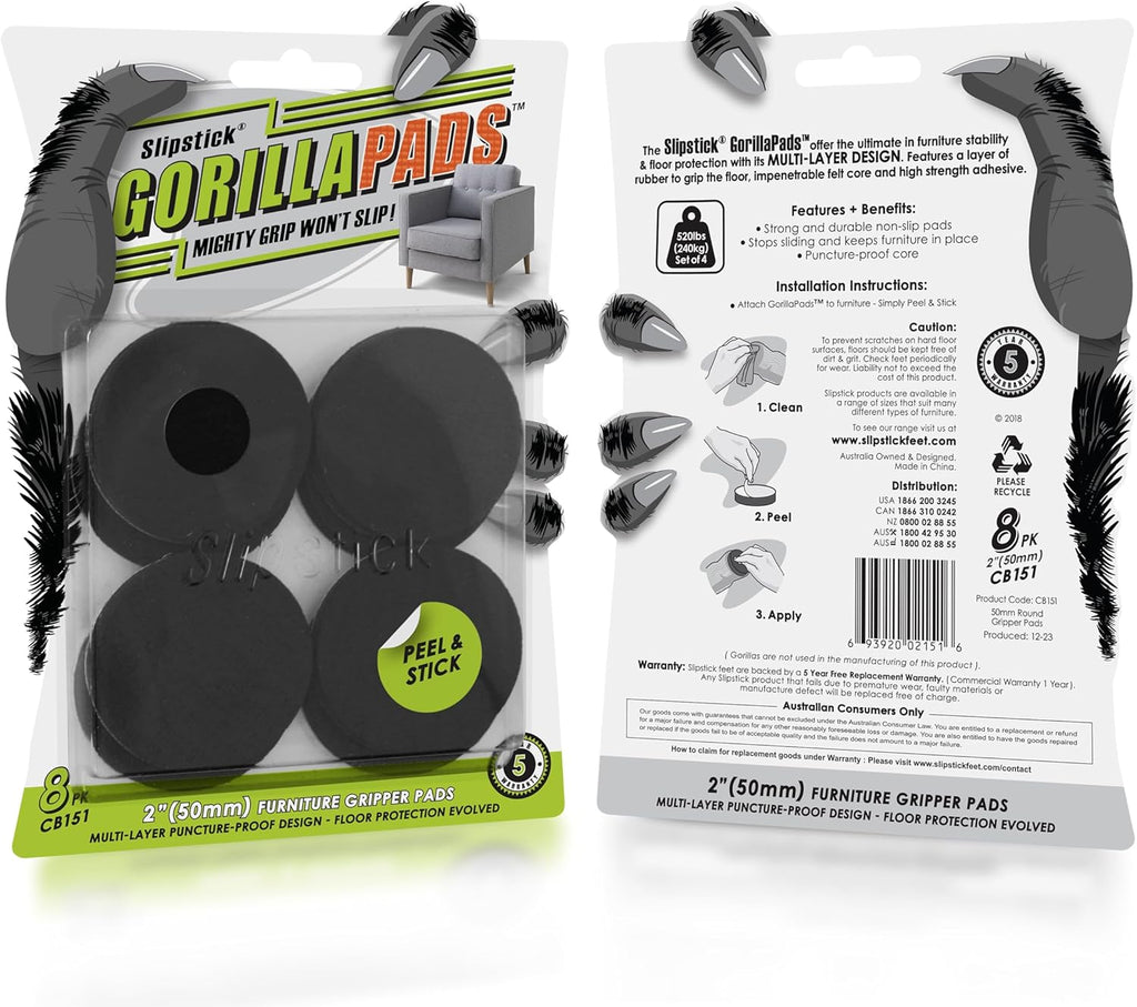 Slipstick GorillaPads Non Slip Furniture Pads/Gripper Floor Protectors (Set of 8) 2 Inch Round Self