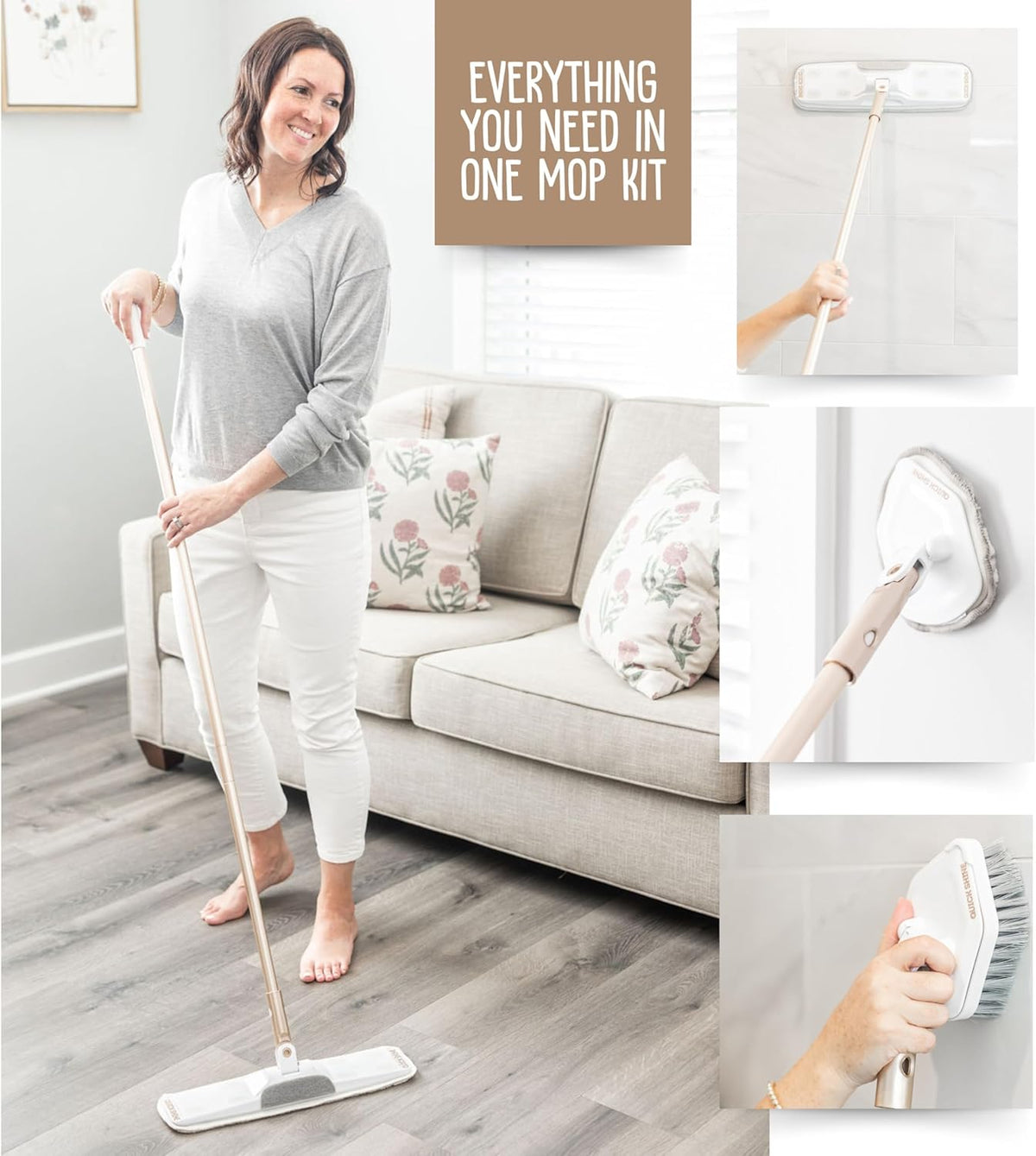 Quick Shine Ultimate Gold Clean + Polish Mop Kit | All-in-One 10 Pc Kit w/Interchangeable