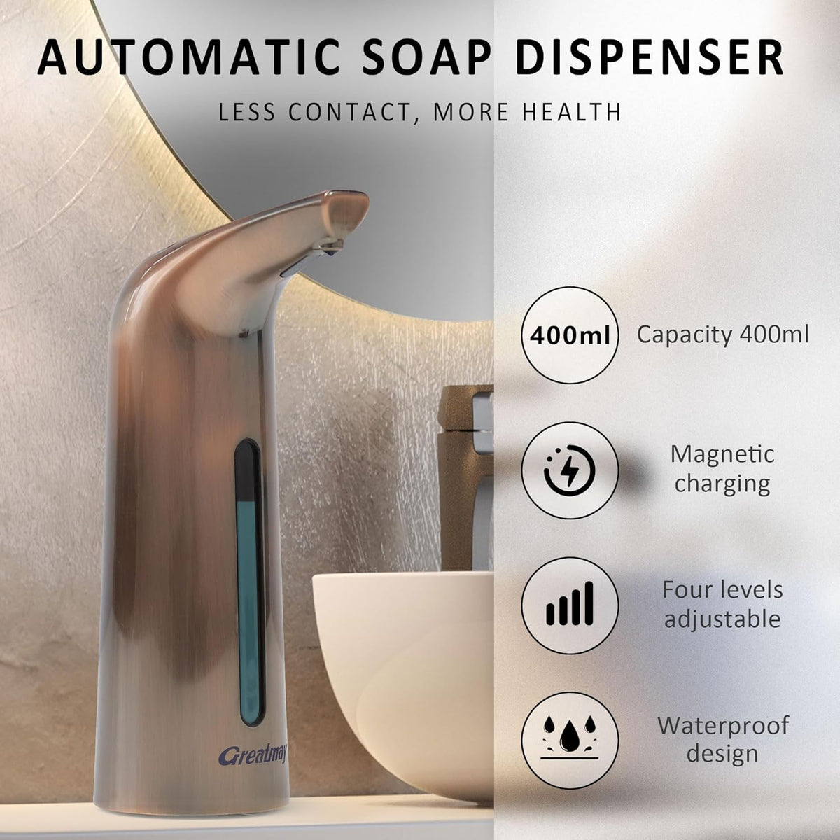 Convenient Automatic Soap Dispenser,4 Adjustable Levels Touchless Hand Sanitizer Pump with Infrared
