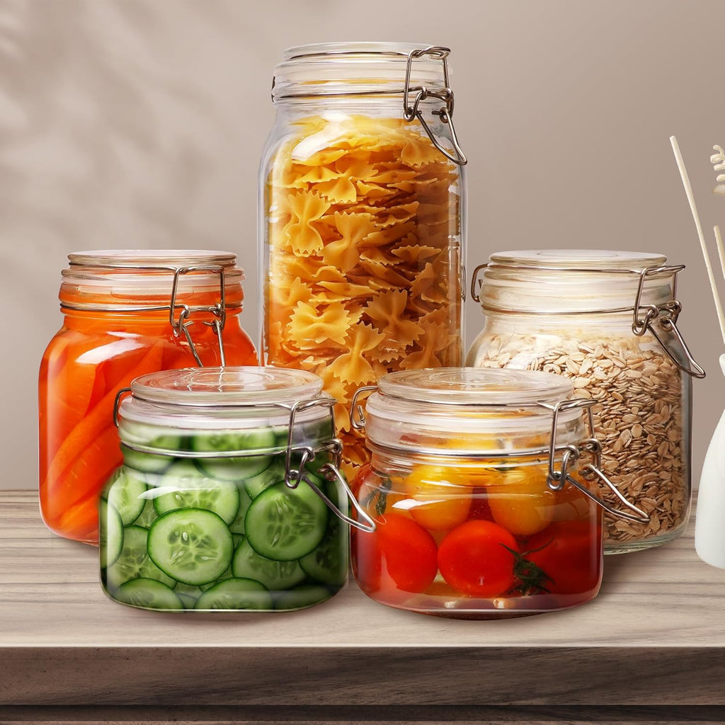 Multi Size - 5 Pack Square Glass Jars with Airtight Lid, Wide Mouth Mason Jars with Clamp Lids, Air