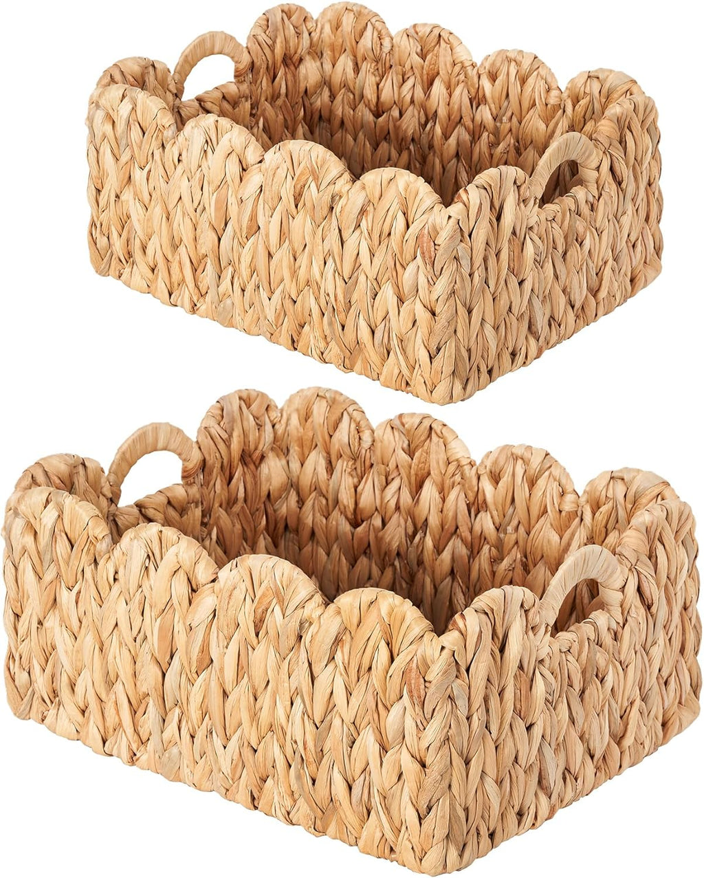 Scalloped Basket Wicker & Rattan Storage Basket with Built-in Handles, Large Woven Water Hyacinth