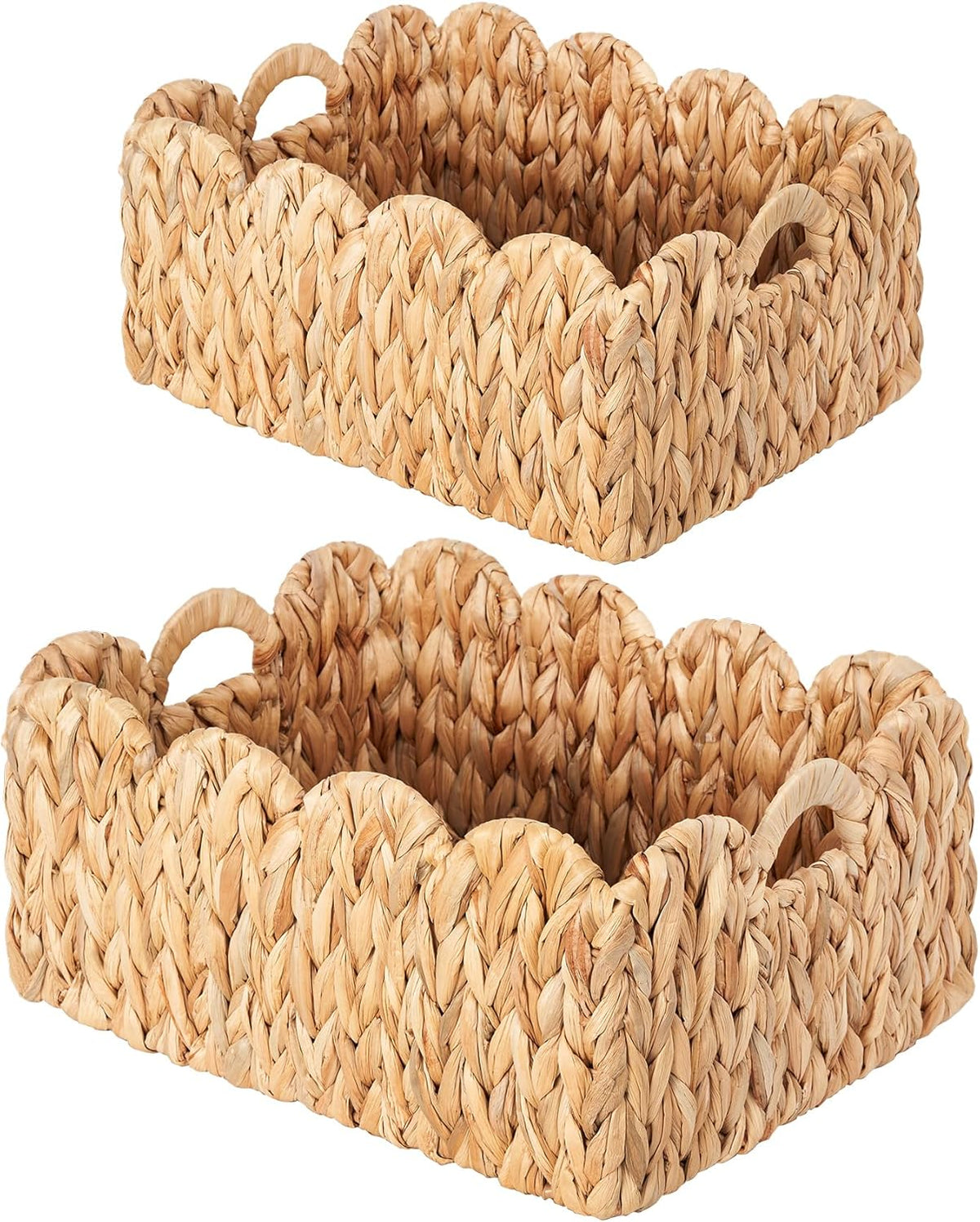 Scalloped Basket Wicker & Rattan Storage Basket with Built-in Handles, Large Woven Water Hyacinth