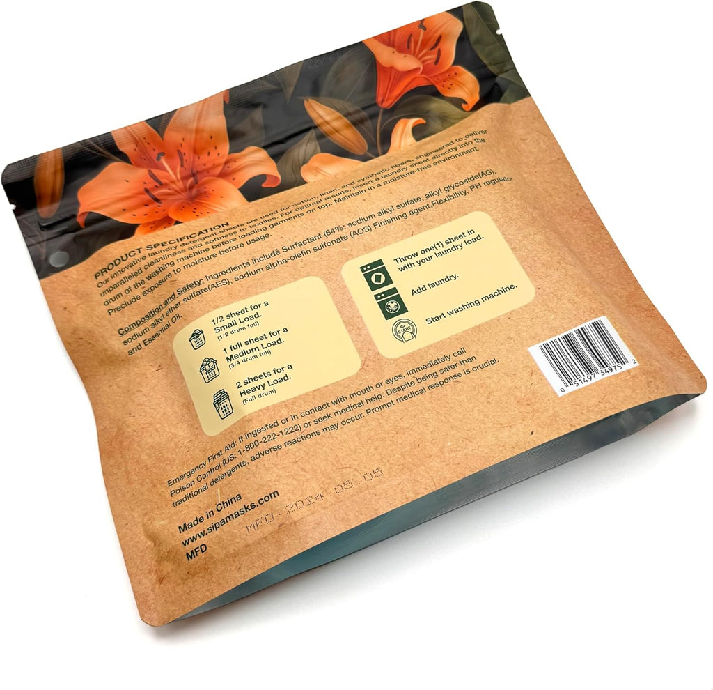 SIPA Laundry Detergent Sheets Bag - 30 Sheets, Up to 60 Loads, Lily of the Valley Scent