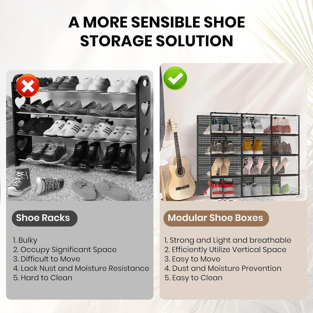 12 Pack XX-Large Modular Clear Plastic Stackable Shoe Storage Organizer for Closet, Space Saving