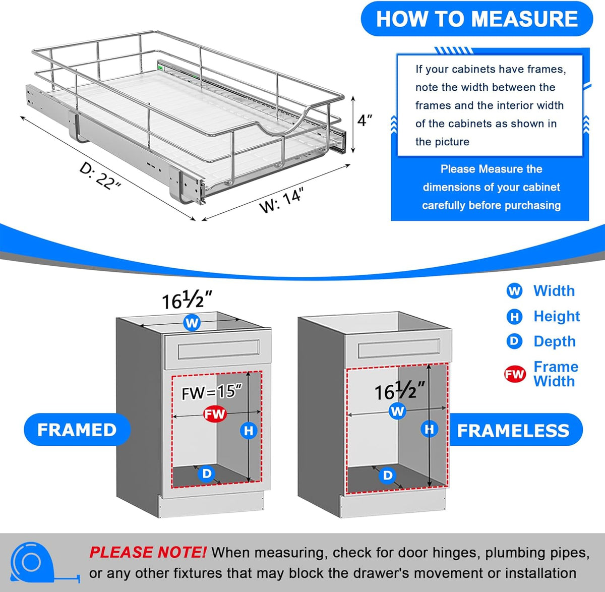 WelFurGeer Soft Close Slide Out Cabinet Shelf, 14" W x 22" D Pull Out Drawers for Kitchen Cabinets