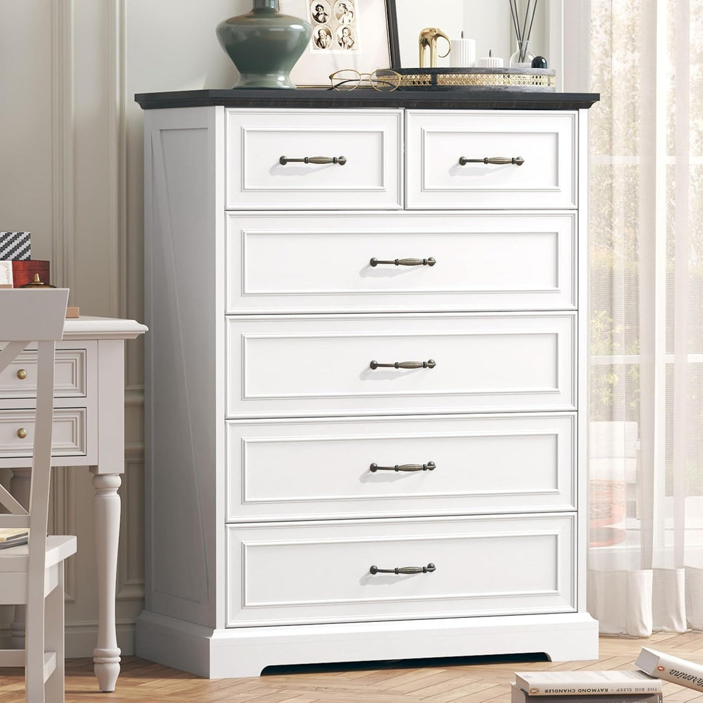 6 Drawer Dresser for Bedroom, 43" Tall Wooden Chest of Drawers, Rustic Farmhouse Dresser with Large