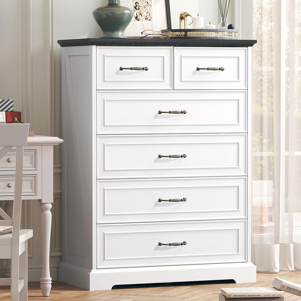 6 Drawer Dresser for Bedroom, 43" Tall Wooden Chest of Drawers, Rustic Farmhouse Dresser with Large