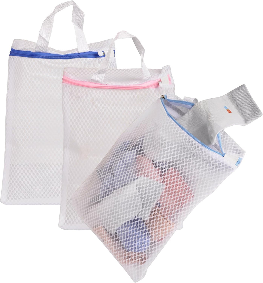 3 Pack Hanging Mesh Laundry Bags with S Metal Hooks,10x12 Inch Hanging Socks Laundry Bags, for