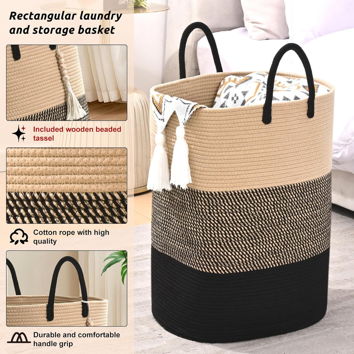 Woven Laundry Basket for Clothes, 80 L Large Rectangle Laundry Hampers with Beads Tassel, Nursery