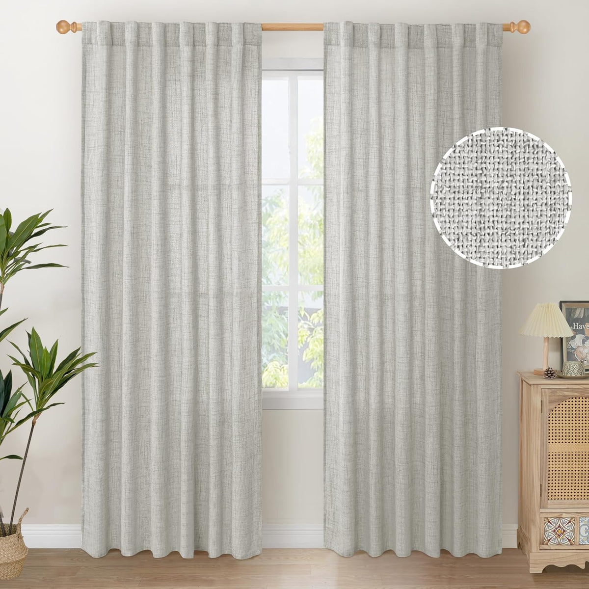YoungsTex Light Grey Linen Semi Sheer Curtains 84 Inch Length for Living Room 2 Panels Set, Light