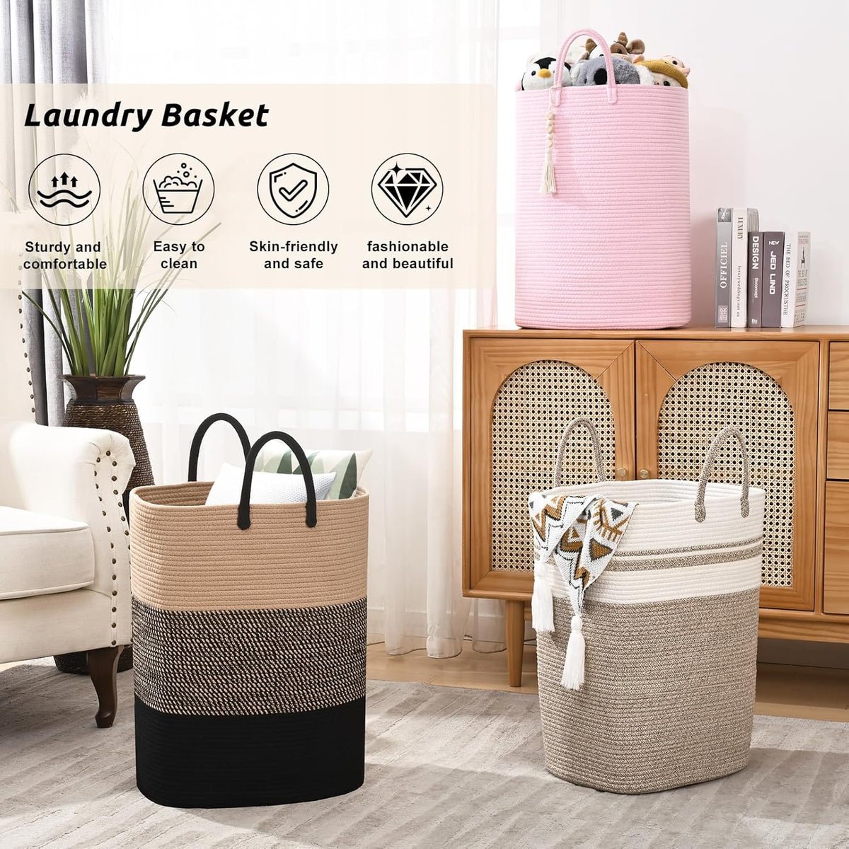 Woven Laundry Basket for Clothes, 100 L Large Rectangle Laundry Hampers, Nursery Storage Basket for