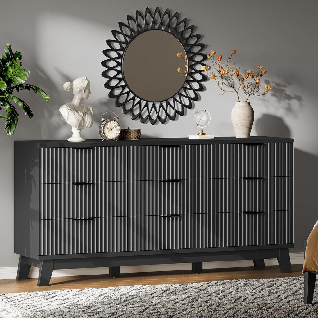 Fluted Dresser with 9 Drawers, 63" Wide Modern Chest of Drawers with Metal Handle, Wooden Dresser