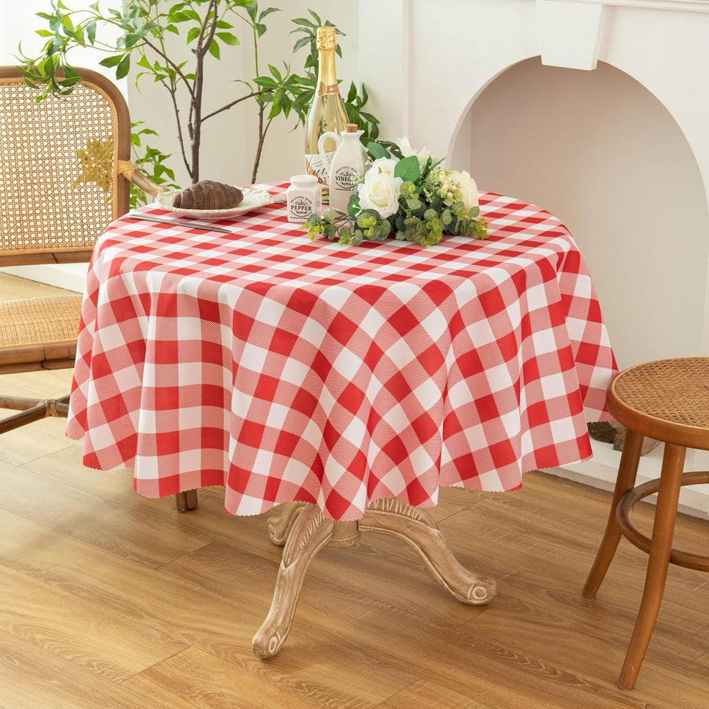 Waterproof Plaid Tablecloth Fabric - Round 50 Inch Classic Gingham Checker Table Cloth for