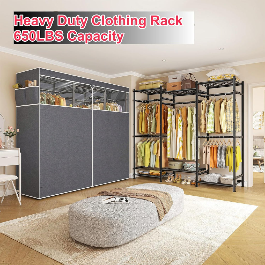 Raybee Clothes Rack with Cover Heavy Duty Clothing Racks for Hanging Clothes Adjustable Metal