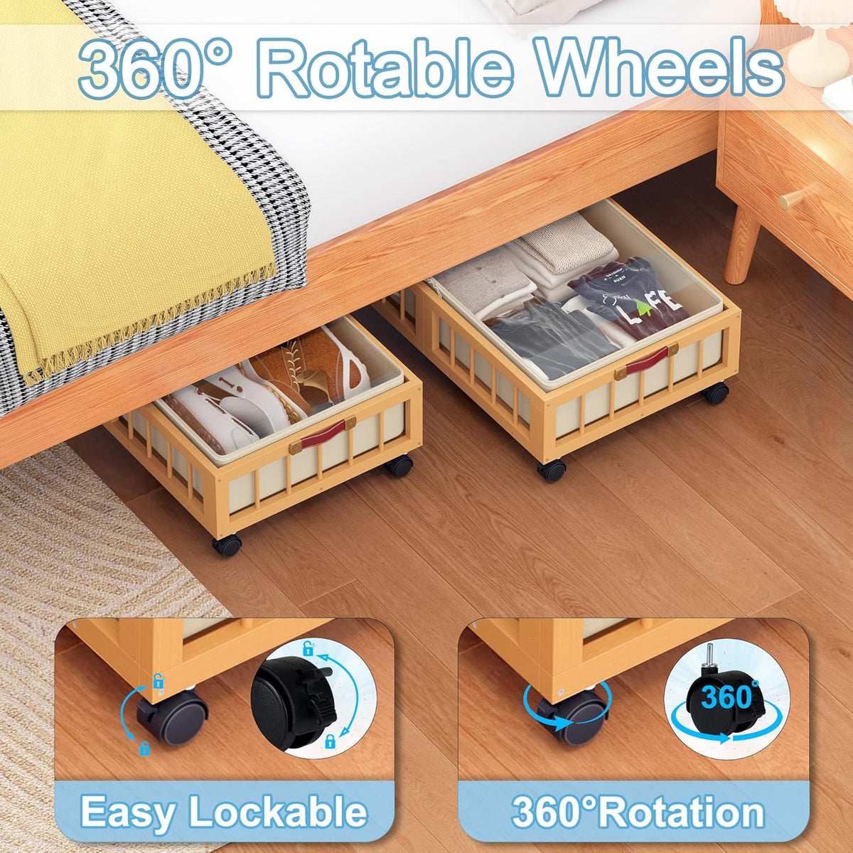 efluky 2-Pack Bamboo Under Bed Storage Containers with Wheels, Under Bed Clothes Storage Basket