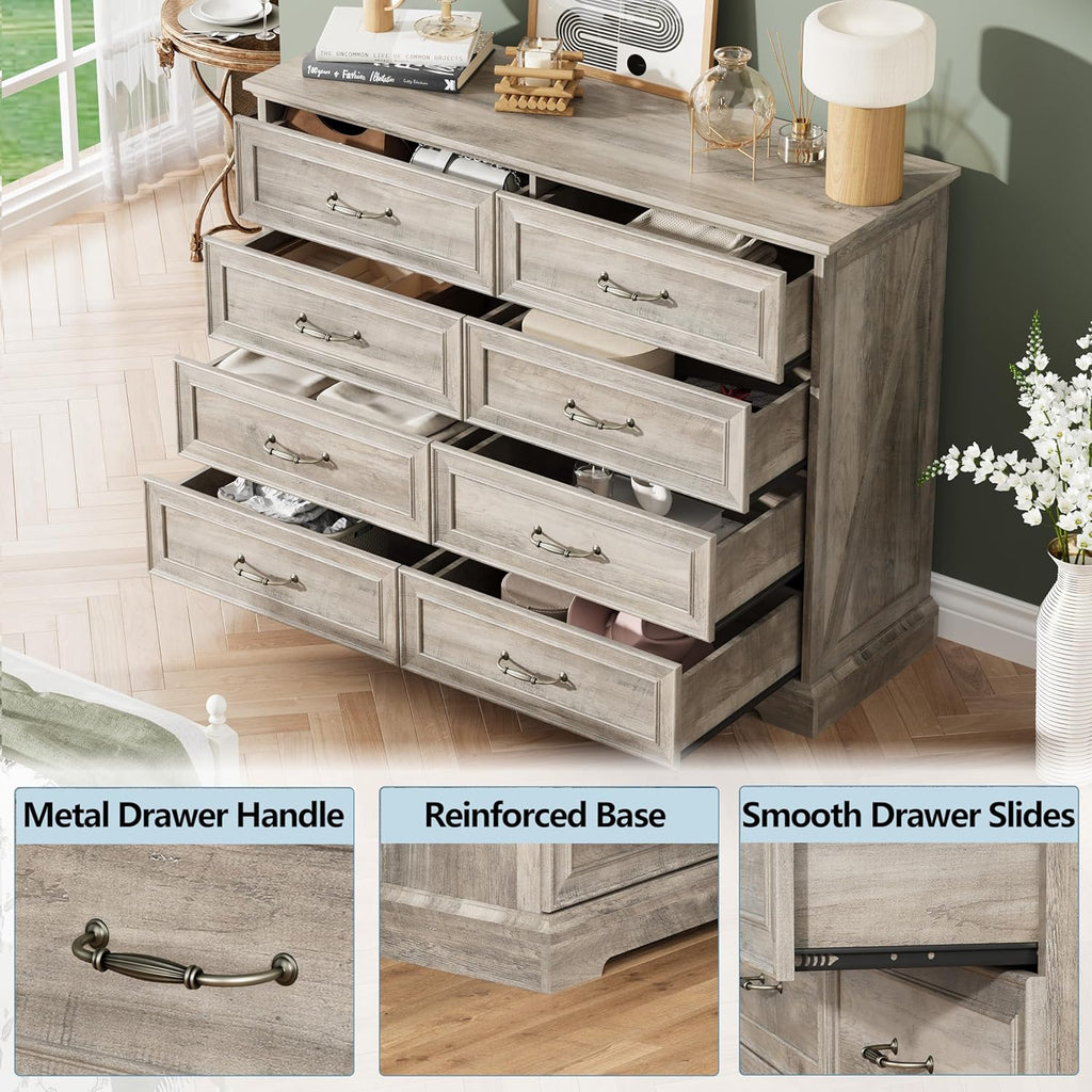 8 Drawer Dresser for Bedroom, 47" Wide Wooden Chest of Drawers, Rustic Farmhouse Dresser with Large