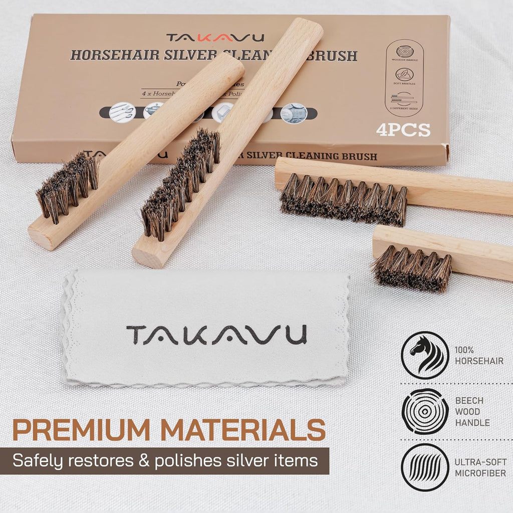 TAKAVU Horsehair Detail Brush Set, Silver Cleaning Brushes & Polish Cloth for Silverware Plateware