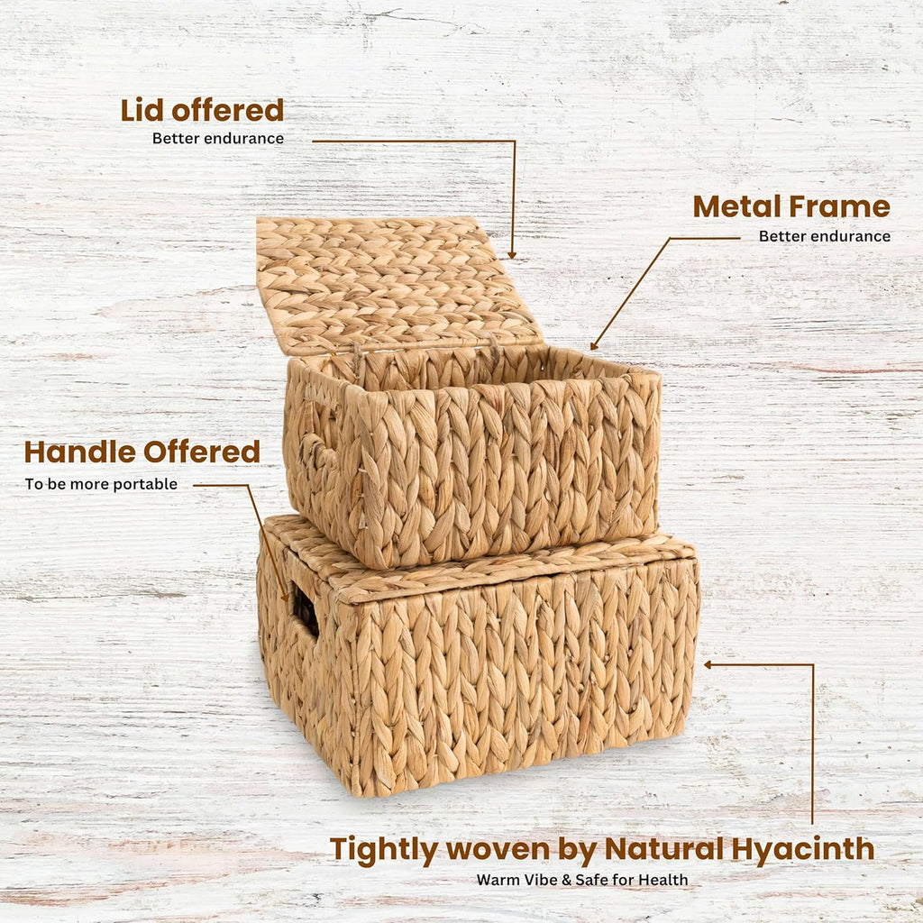 Wicker Storage Baskets with Lid, Set 2 Basket With Lid Decorative Storage Rectangle Wicker Storage