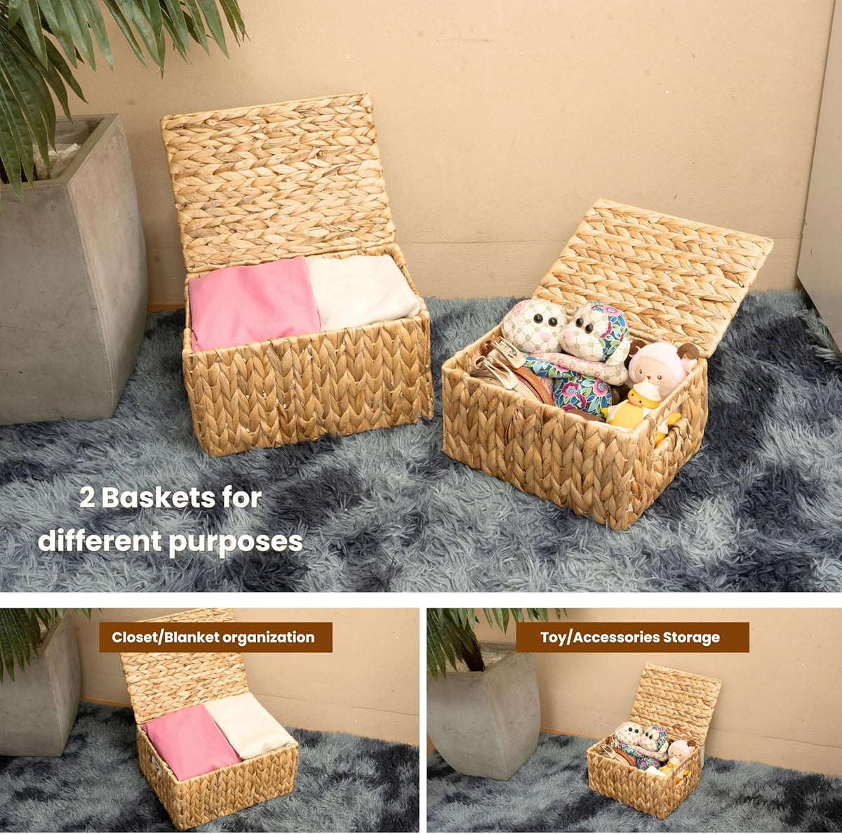 Wicker Storage Baskets with Lid, Set 2 Basket With Lid Decorative Storage Rectangle Wicker Storage
