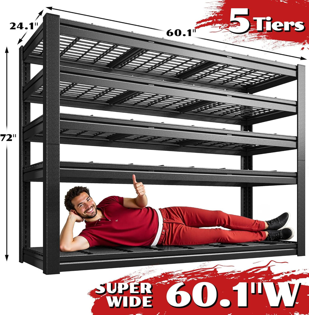 60.1" W Garage Shelving 3125LBS Metal Shelving Extra Wide Storage Shelves Adjustable 5 Tier Garage