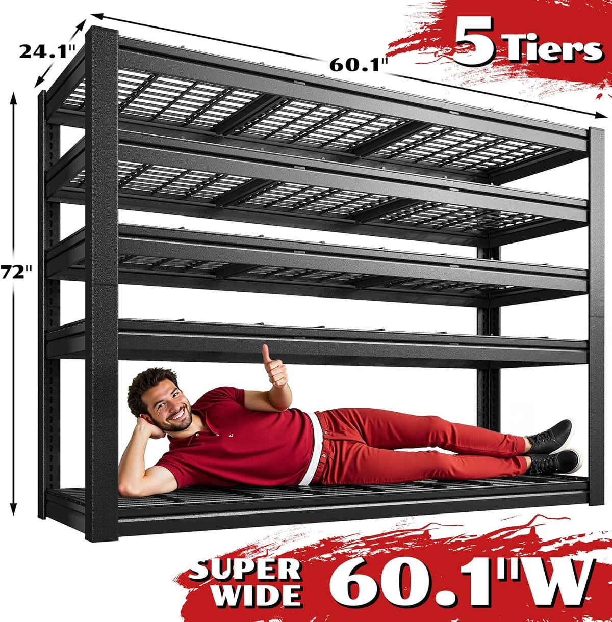 60.1" W Garage Shelving 3125LBS Metal Shelving Extra Wide Storage Shelves Adjustable 5 Tier Garage