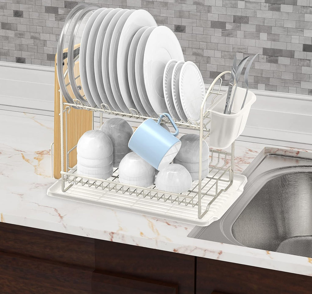 SIMPLE HOUSEWARE 2-Tier Dish Rack with Drainboard, White