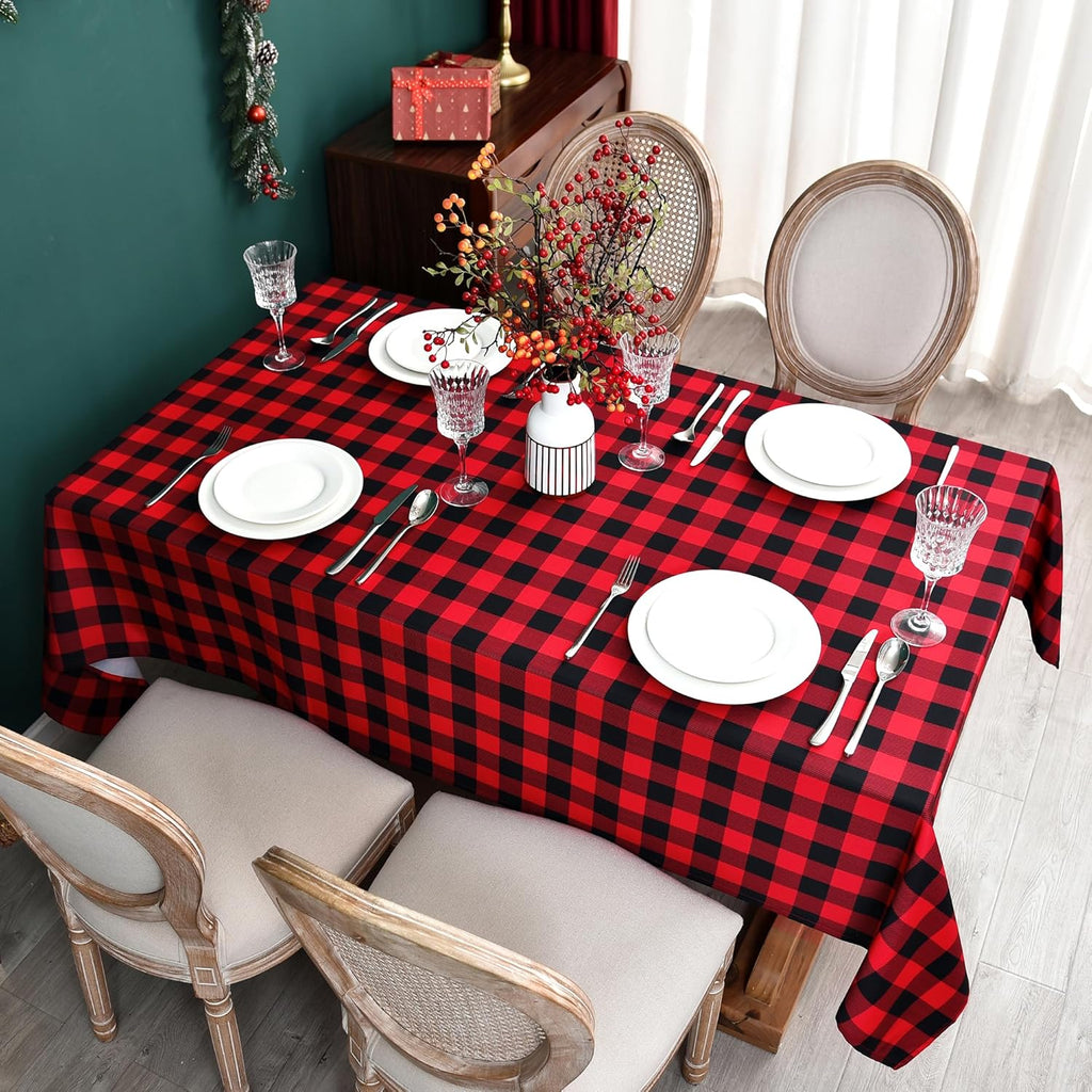 Gingham Xmas Tablecloth Fabric - Oblong 58x120 Water Resistant Christmas Plaid Table Cloth for