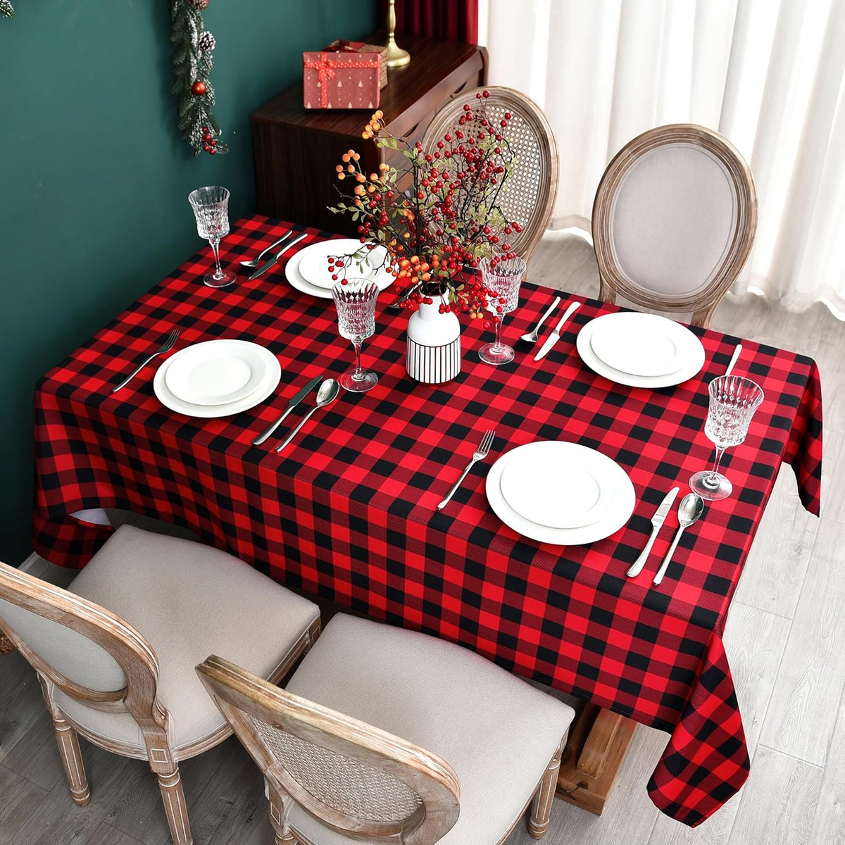 Gingham Xmas Tablecloth Fabric - Oblong 58x120 Water Resistant Christmas Plaid Table Cloth for