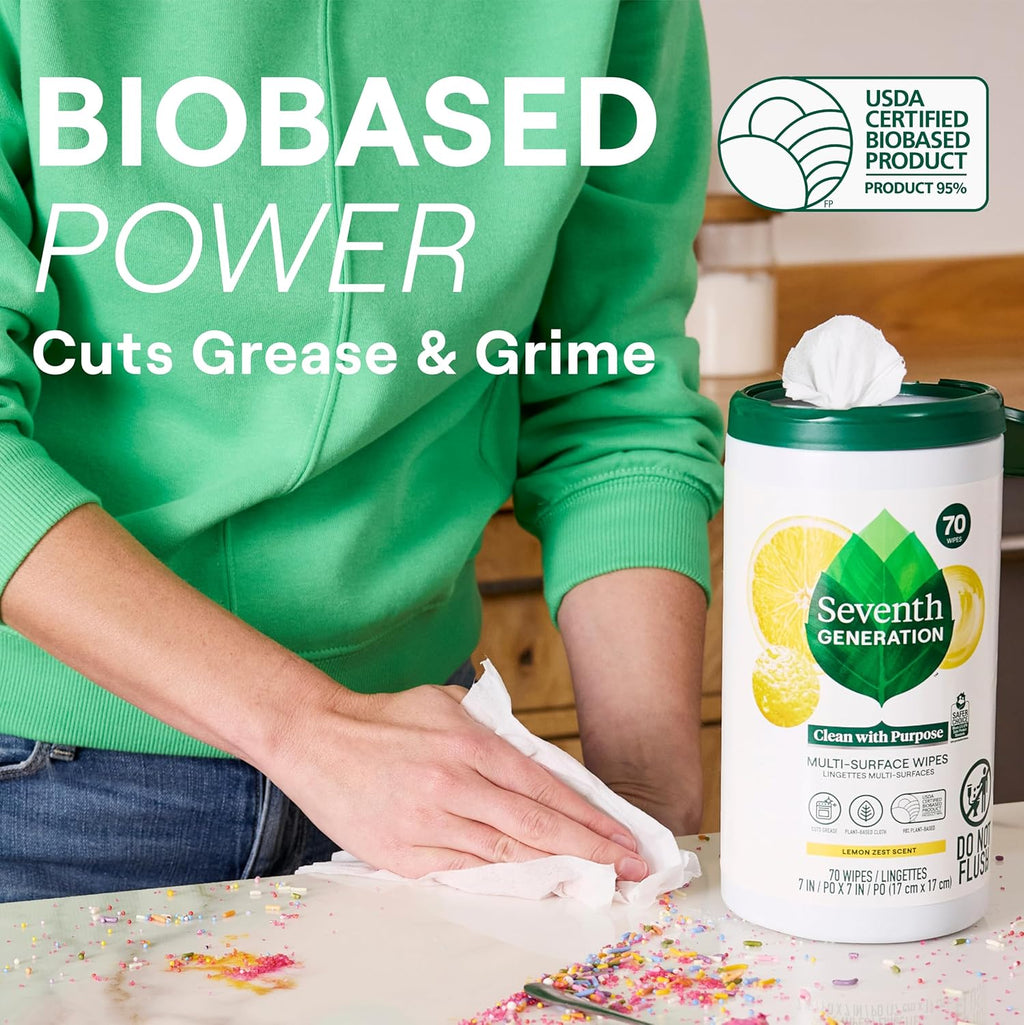 Seventh Generation Multi Surface Wipes All Purpose Cleaning Lemon Zest scent with 100% Essential