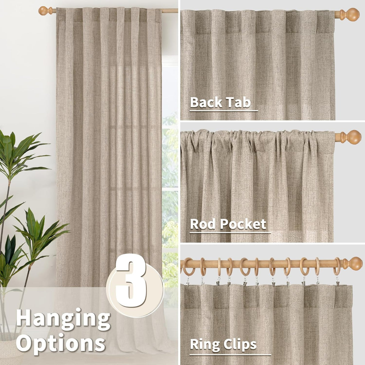 YoungsTex Dark Oatmeal Linen Curtains 63 Inch Length for Living Room, Semi Sheer Light Filtering