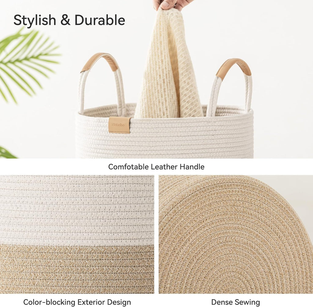 75L Striped Laundry Hamper with Leather Handles,Large Foldable Laundry Basket for Clothes,Cotton