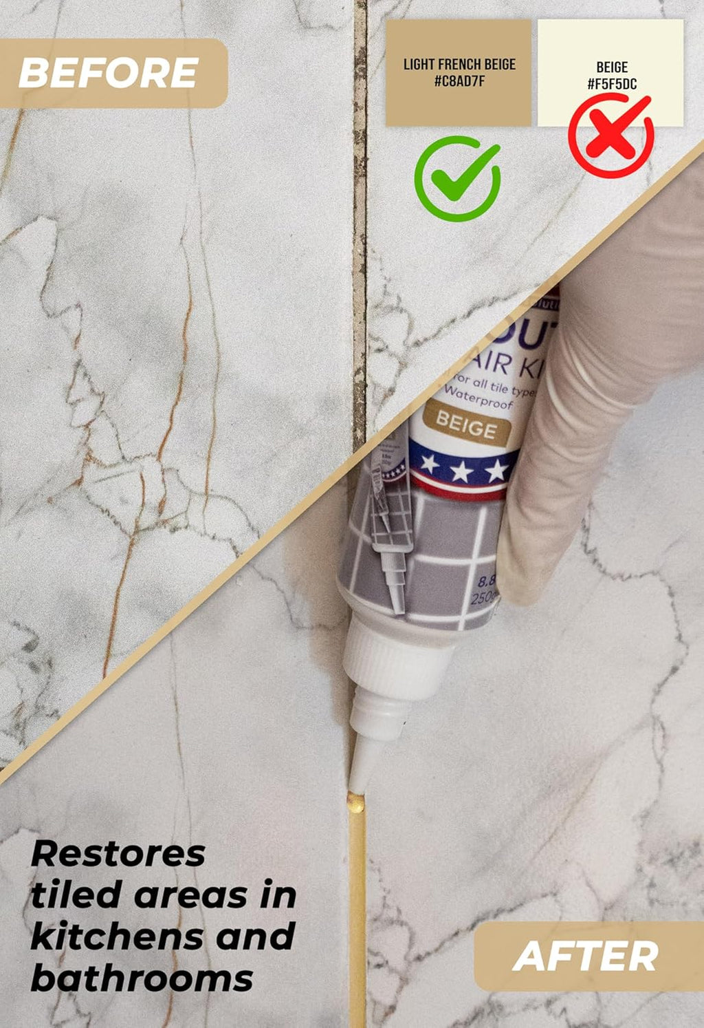 Tile Grout Repair Kit, Beige 8.8 oz/250gr. Fast Drying Grout Filler Tube Repair Kit, Grout Sealer