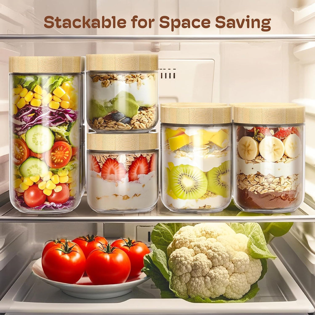 4 pack 24oz Overnight Oats Containers with Bamboo Lids, Glass Jars with Airtight Lids for Meal