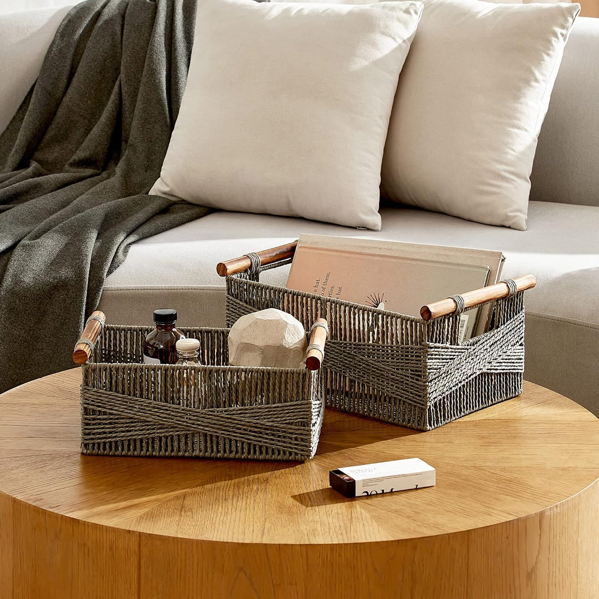 LA JOLIE MUSE Wicker Storage Baskets for Organizing, Recyclable Paper Rope Basket with Wood