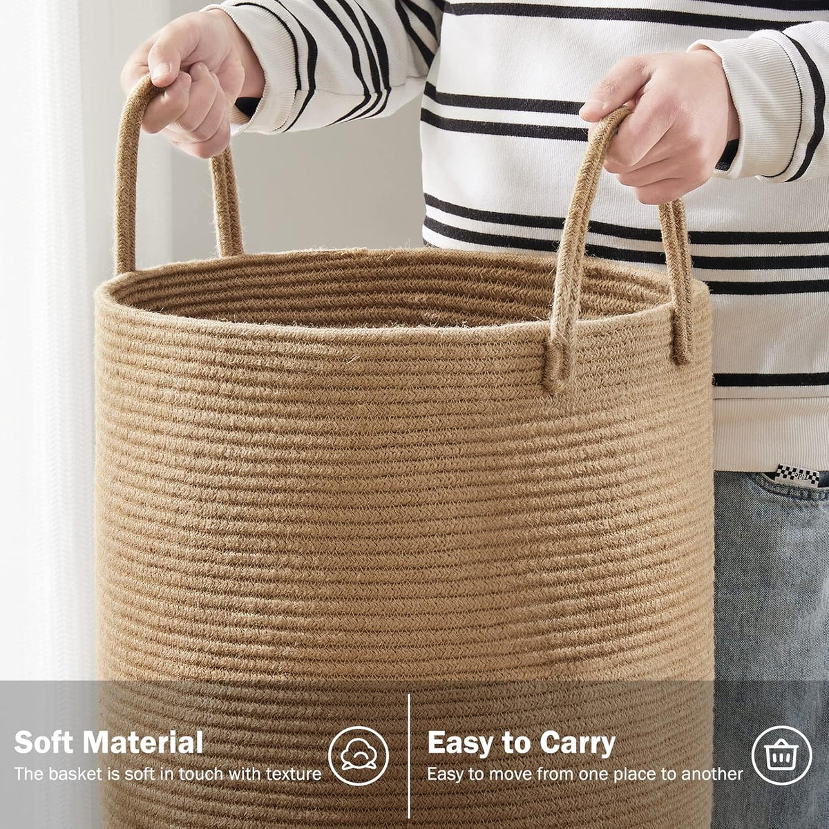 Jute Rope Woven Laundry Hamper Basket by YOUDENOVA, 72L Tall Luandry Basket, Baby Nursery Hamper