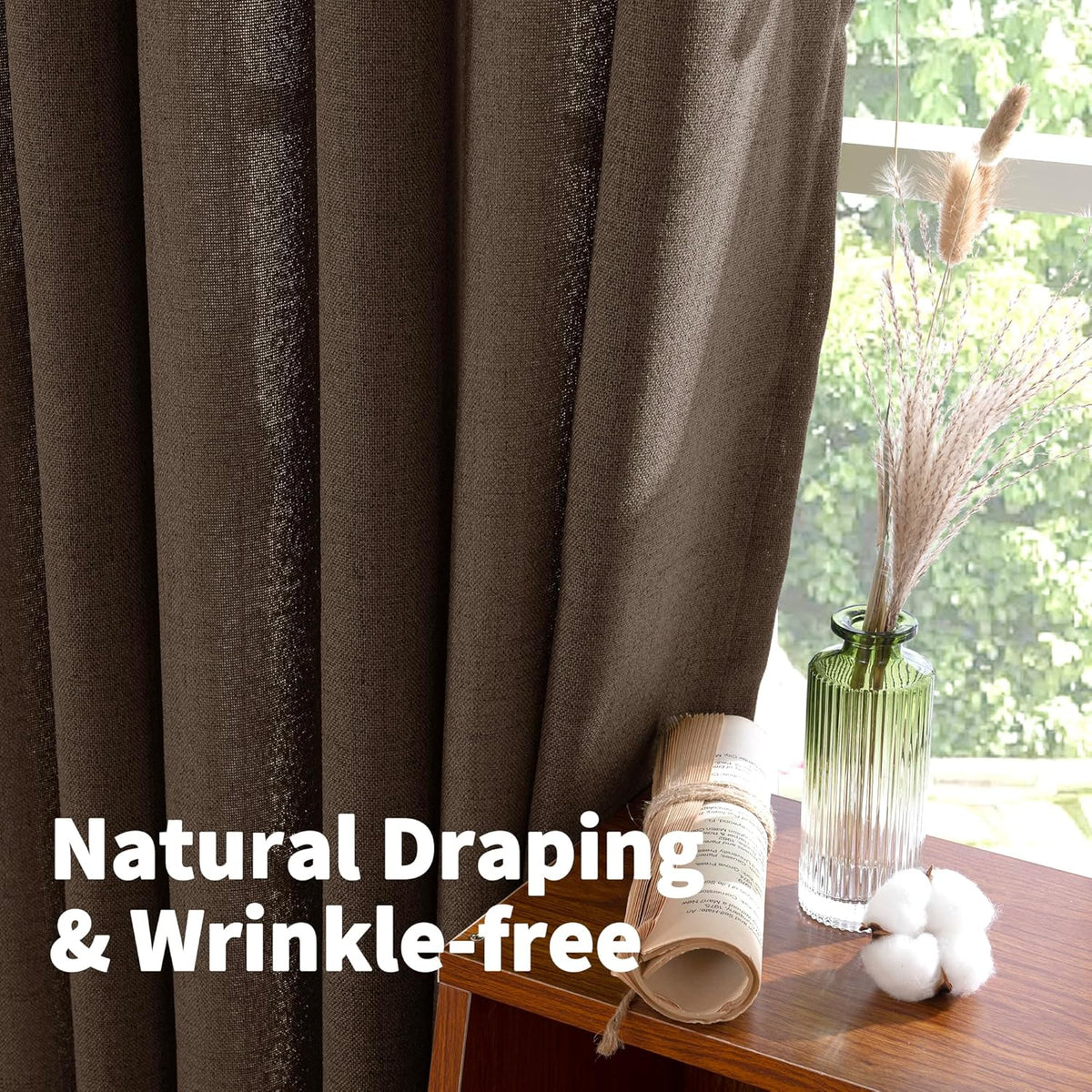 YoungsTex Brown Linen Curtains for Living Room 63 Inches Long, Chocolate Semi Sheer Drapes Textured