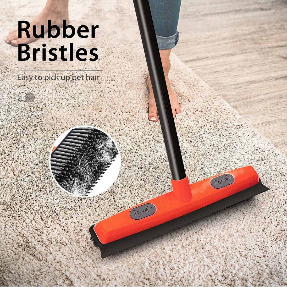 JEHONN Rubber Broom Carpet Rake Brush for Pet Hair with Squeegee, 52.8 inches Long Handle Silicone