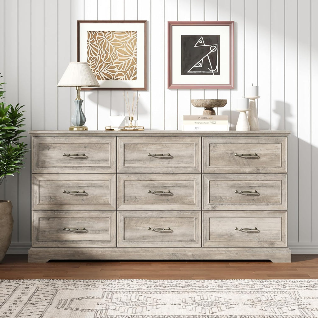 9 Drawer Dresser for Bedroom, 63" Wide Wooden Chest of Drawers, Rustic Farmhouse Dresser with Large