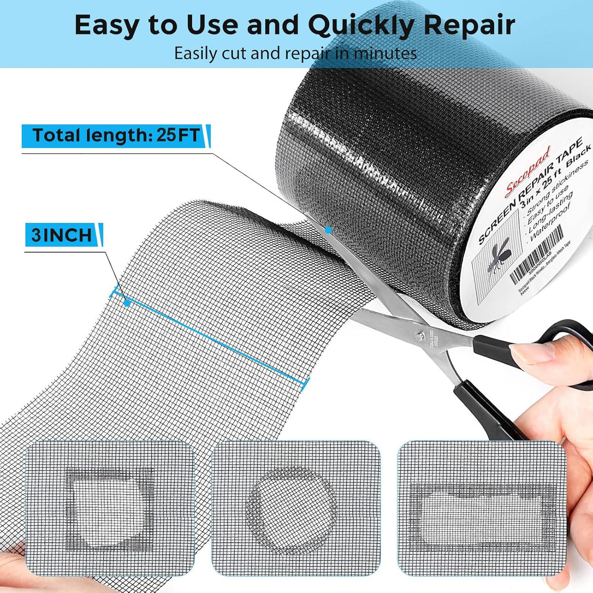 Black Window Screen Repair Tape, 3IN X 25FT (300IN) Screen Repair Kit for Windows or Doors, Strong