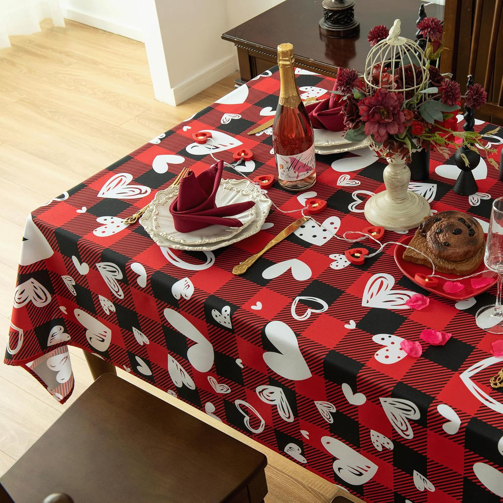Valentine's Day Tablecloth Fabric - Oblong 58x120 Water Resistant Love Themed Plaid Table Cloth for