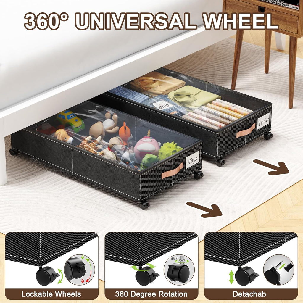 Under Bed Storage with Wheels, 2-Pack Under Bed Storage Containers with Clear Lids, XXL 65L Under
