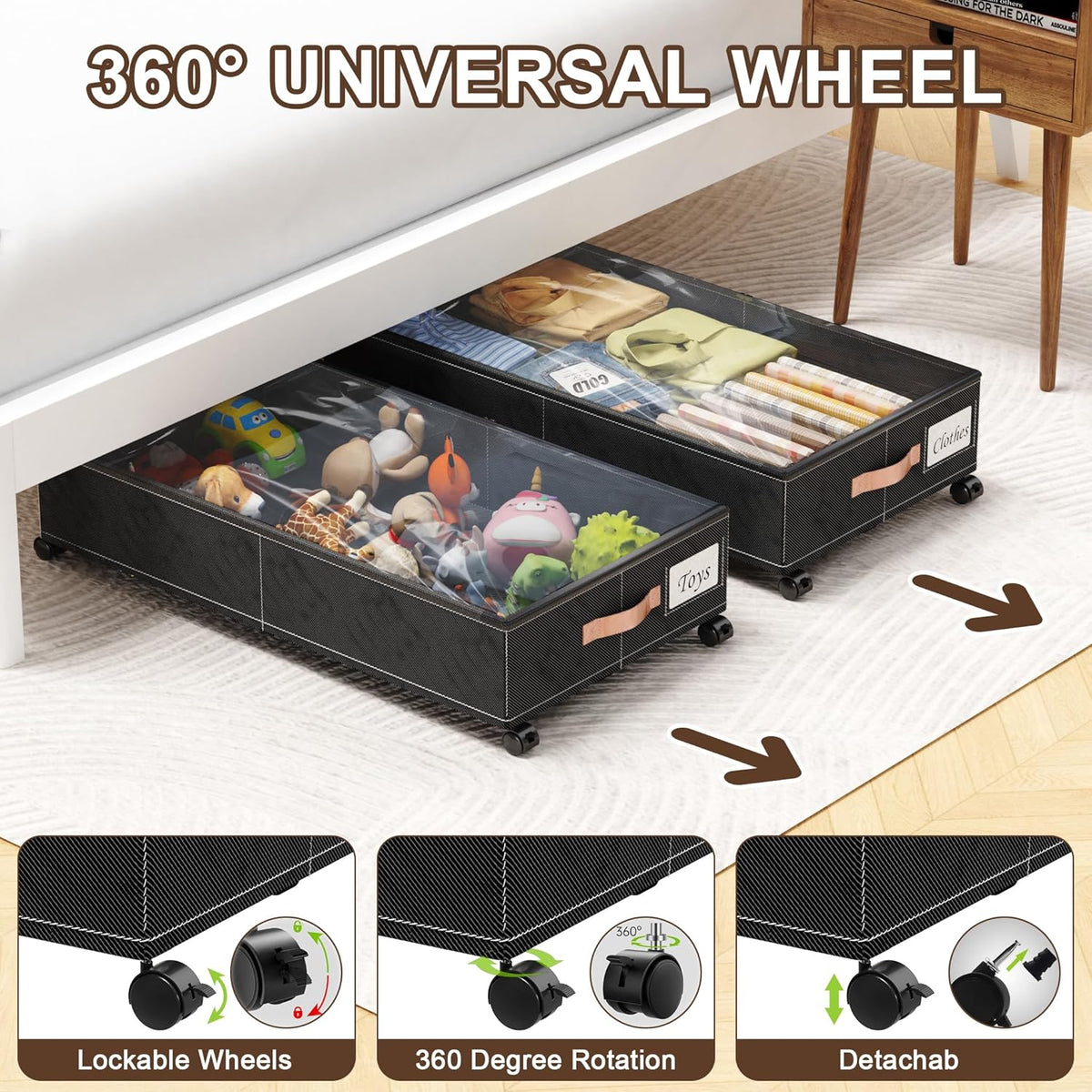 Under Bed Storage with Wheels, 2-Pack Under Bed Storage Containers with Clear Lids, XXL 65L Under