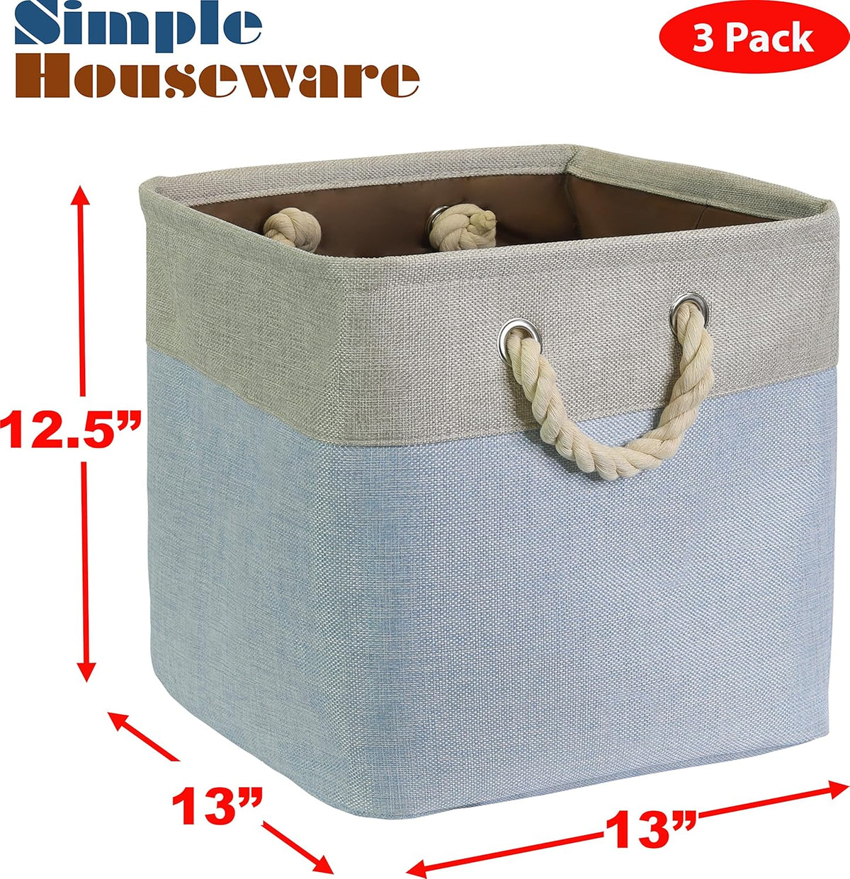 SIMPLE HOUSEWARE Fabric Storage Cubes, 13" x 13" Storage Bin, 3 Pack, Blue
