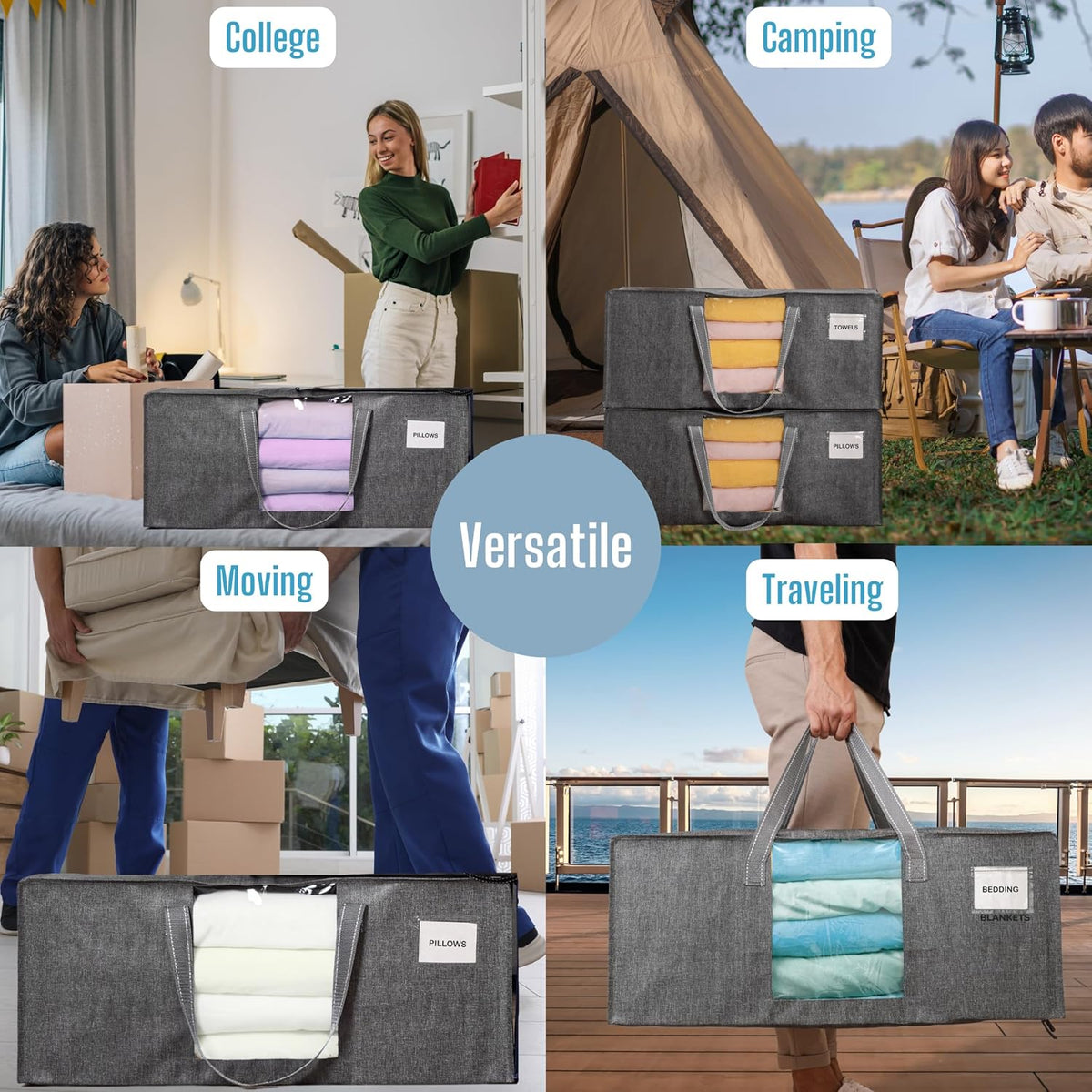 VENO 4 Pack Moving Bags Extra Large Storage Bags for College Move-In, Heavy-Duty Storage Totes