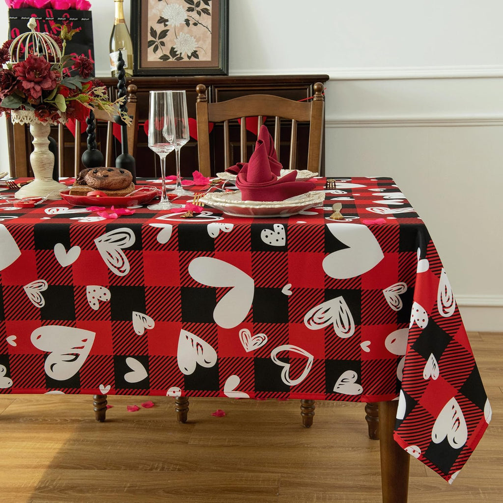 Red Waterproof Plaid Valentines’ Day Tablecloth Fabric - Square 58x58 Inch Classic Love Heart Table