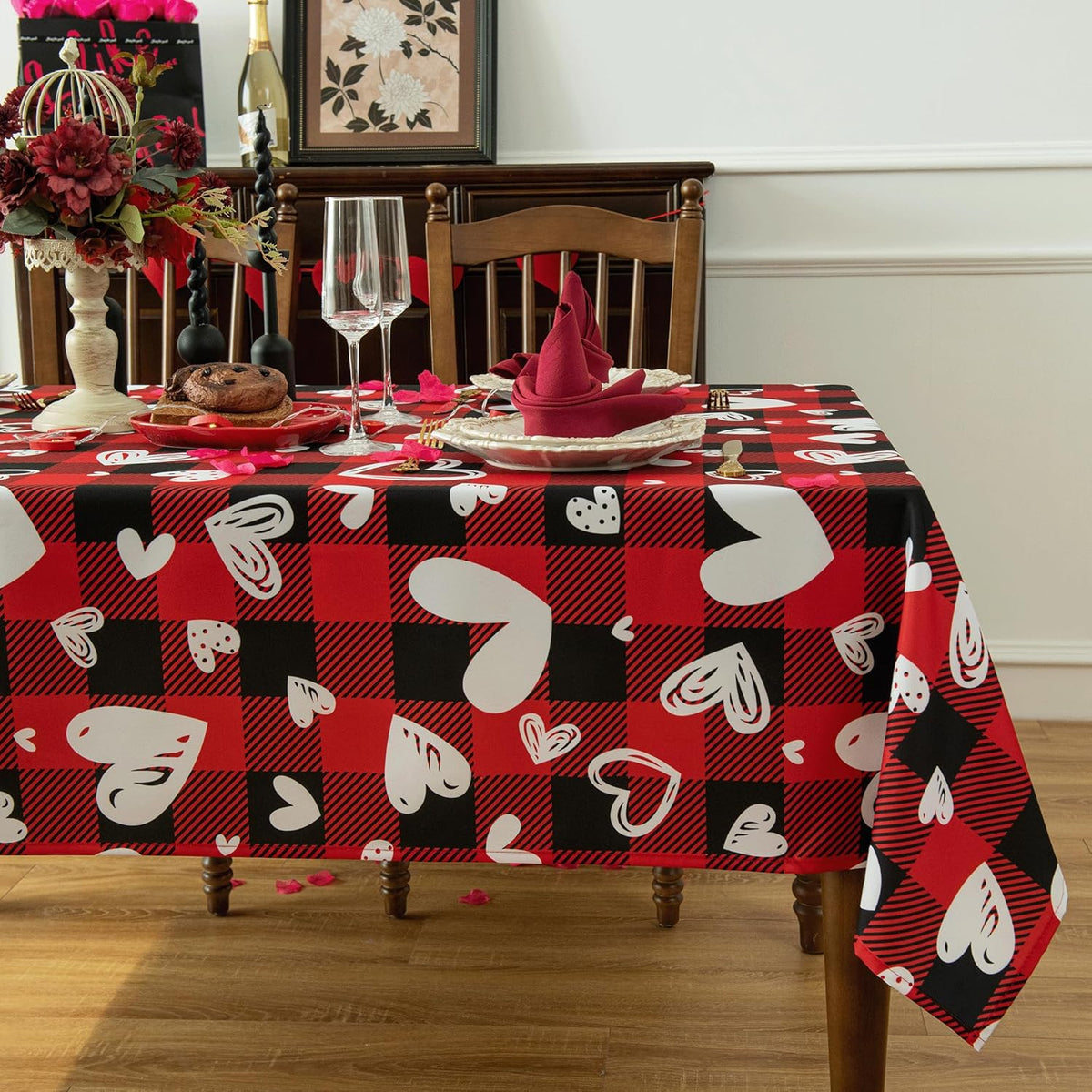 Valentine's Day Tablecloth Fabric - Oblong 58x120 Water Resistant Love Themed Plaid Table Cloth for