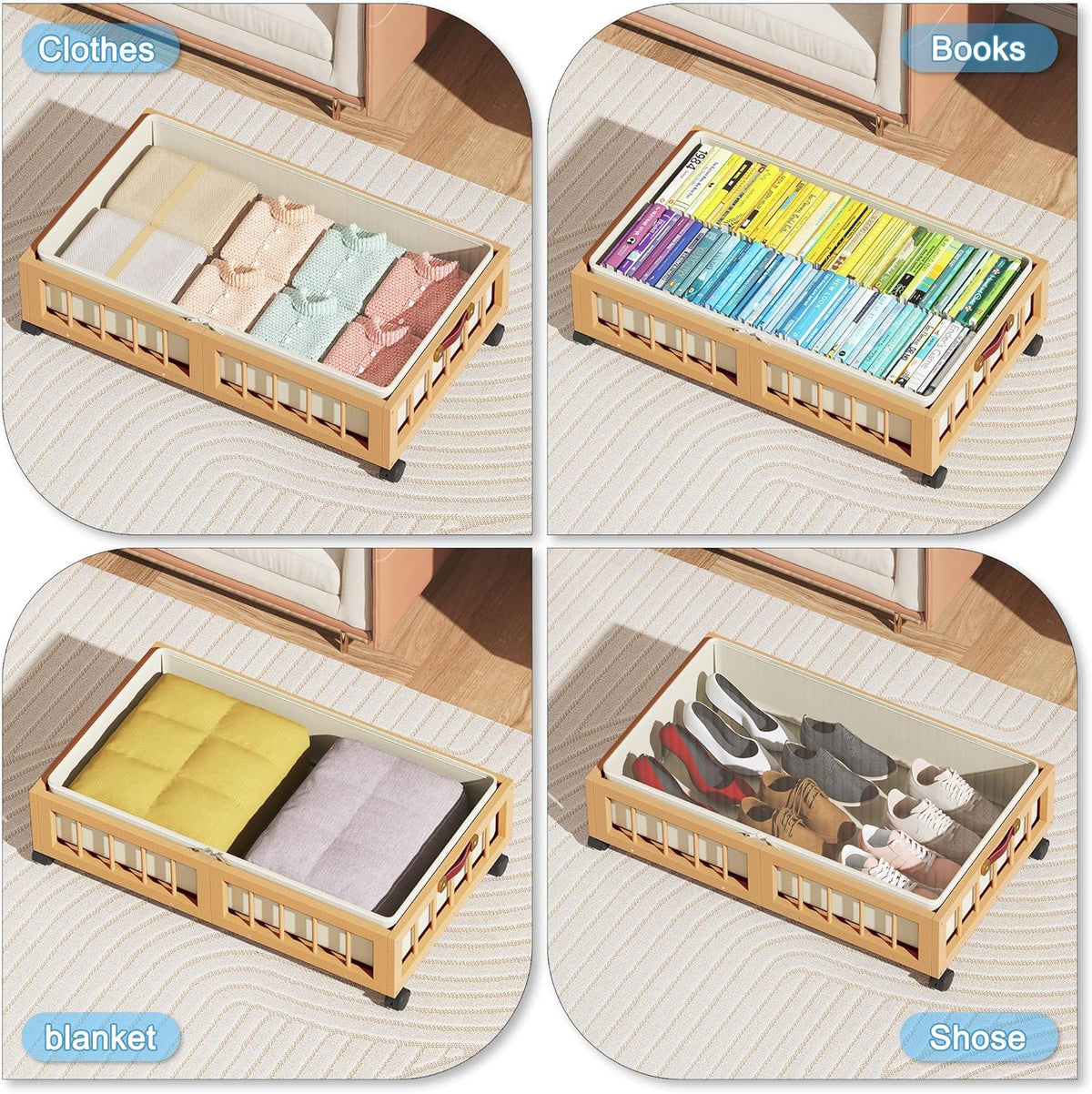 efluky 2-Pack Bamboo Under Bed Storage Containers with Wheels, Under Bed Clothes Storage Basket