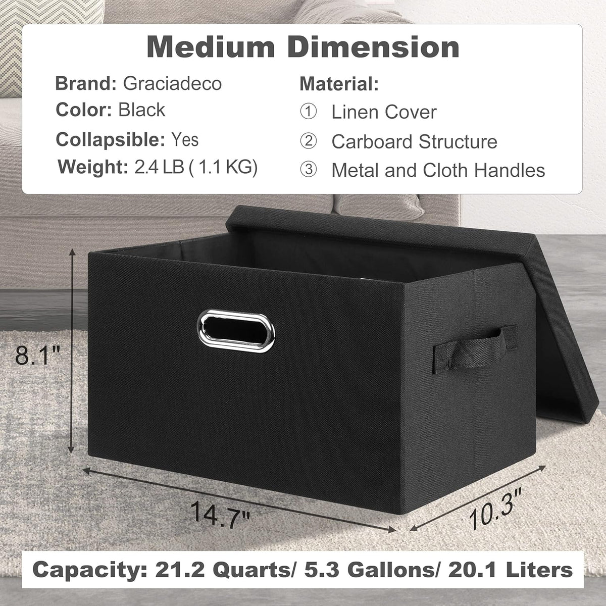 Medium 15" 21 Quart Collapsible Stackable Storage Bins with Lids, 3 Packs Black Foldable Fabric