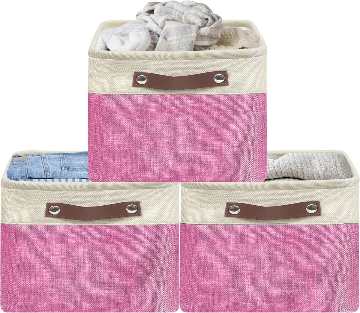 SIMPLE HOUSEWARE Large Fabric Storage Bin, 15" x 11" with Leather Like Handles, 3 Pack, Pink