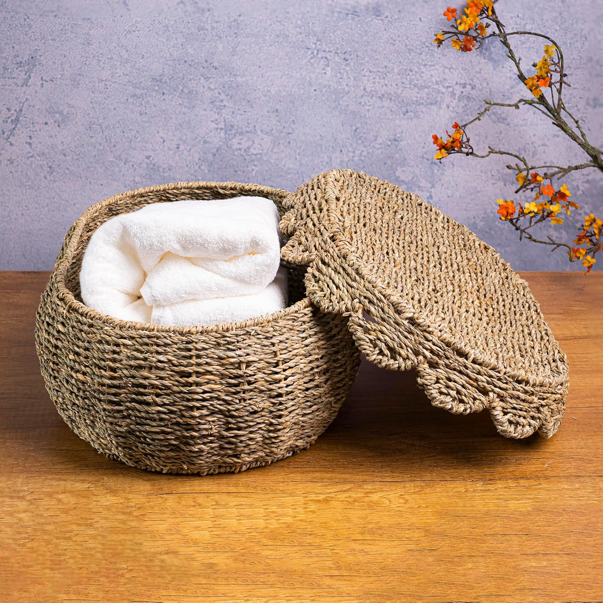 KOLWOVEN Set of 3 Wicker Storage Baskets with Lid - Decorative Handwoven Rattan Baskets for